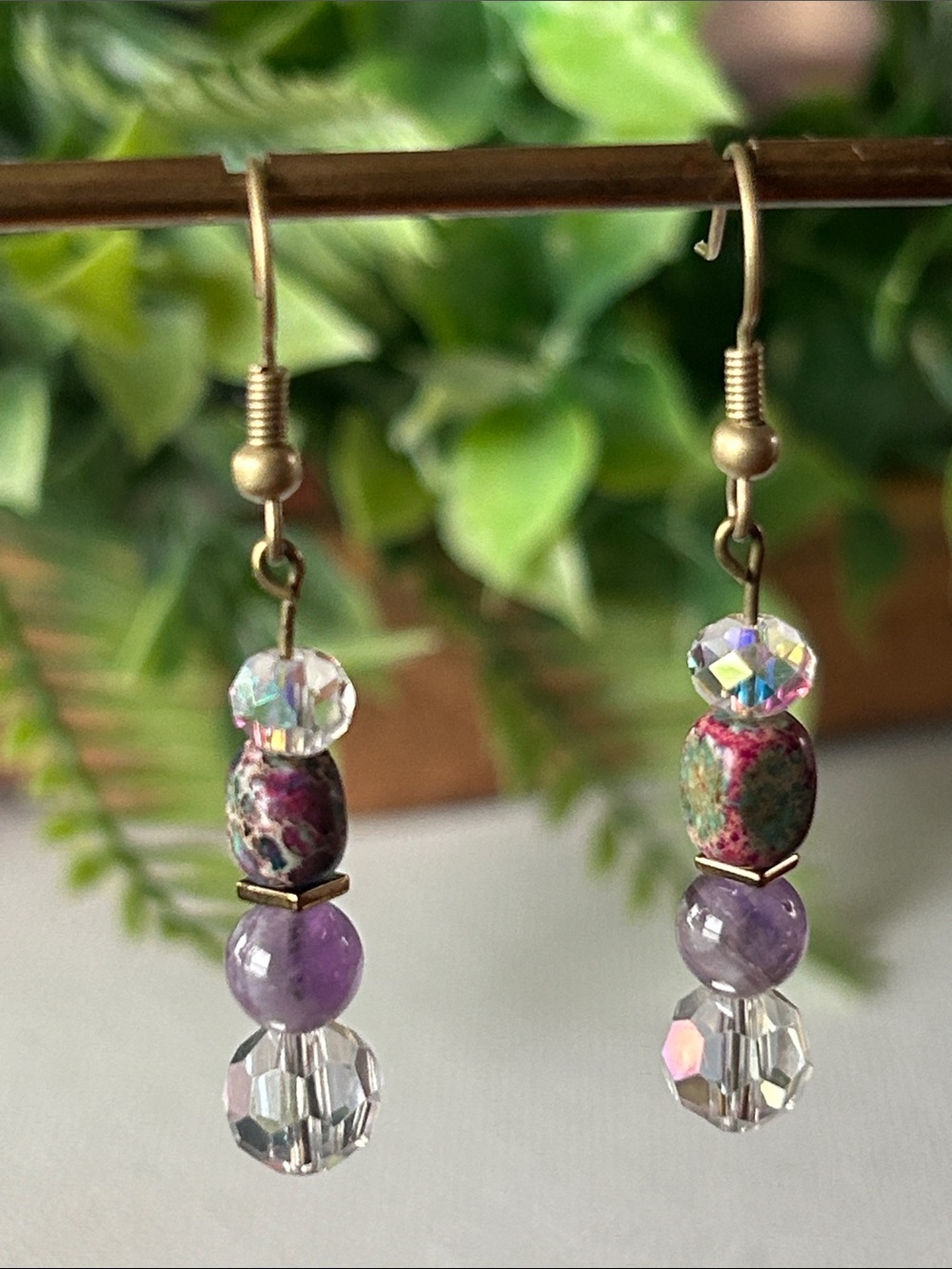 Handmade amethyst + sea sediment Jasper crystal drop earrings